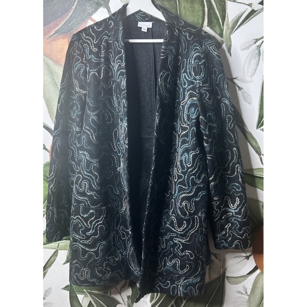 J Jill XL Black Felt Embroidered‎ Wool Blend Open Blazer Jacket
